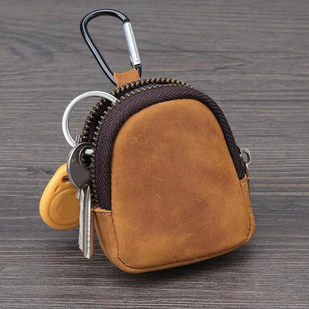 Stylish Retro PU Leather Change Purse Small Zipper Coin Pouch with Carabiner,Mini Keychain Coin Purse Wallet Charm for Women Men