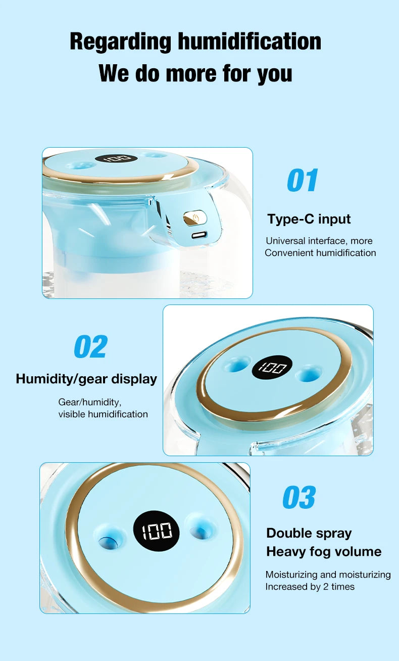 2200ML Air Humidifier USB Double Spray Port Mist Spray Heavy Fog Aroma Diffuser Essential Oils Color Light for Home Bedroom Gift