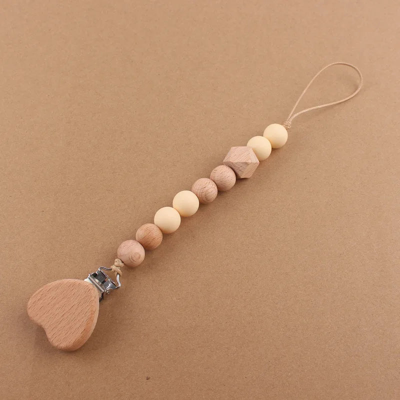 Baby products cartoon love beechwood pacifier clip creative baby silicone beads bite teeth pacifier chain