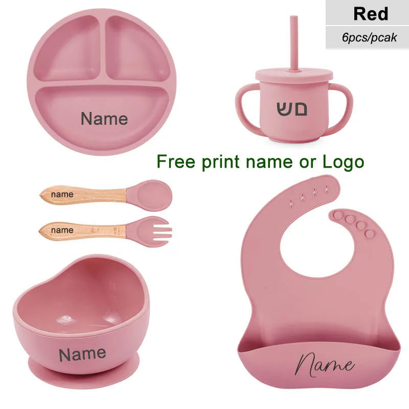 Set 6pcs Vajilla de Silicona para Bebé | Bol, Plato, Cuchara, Tenedor, Babero y Vaso 🍼