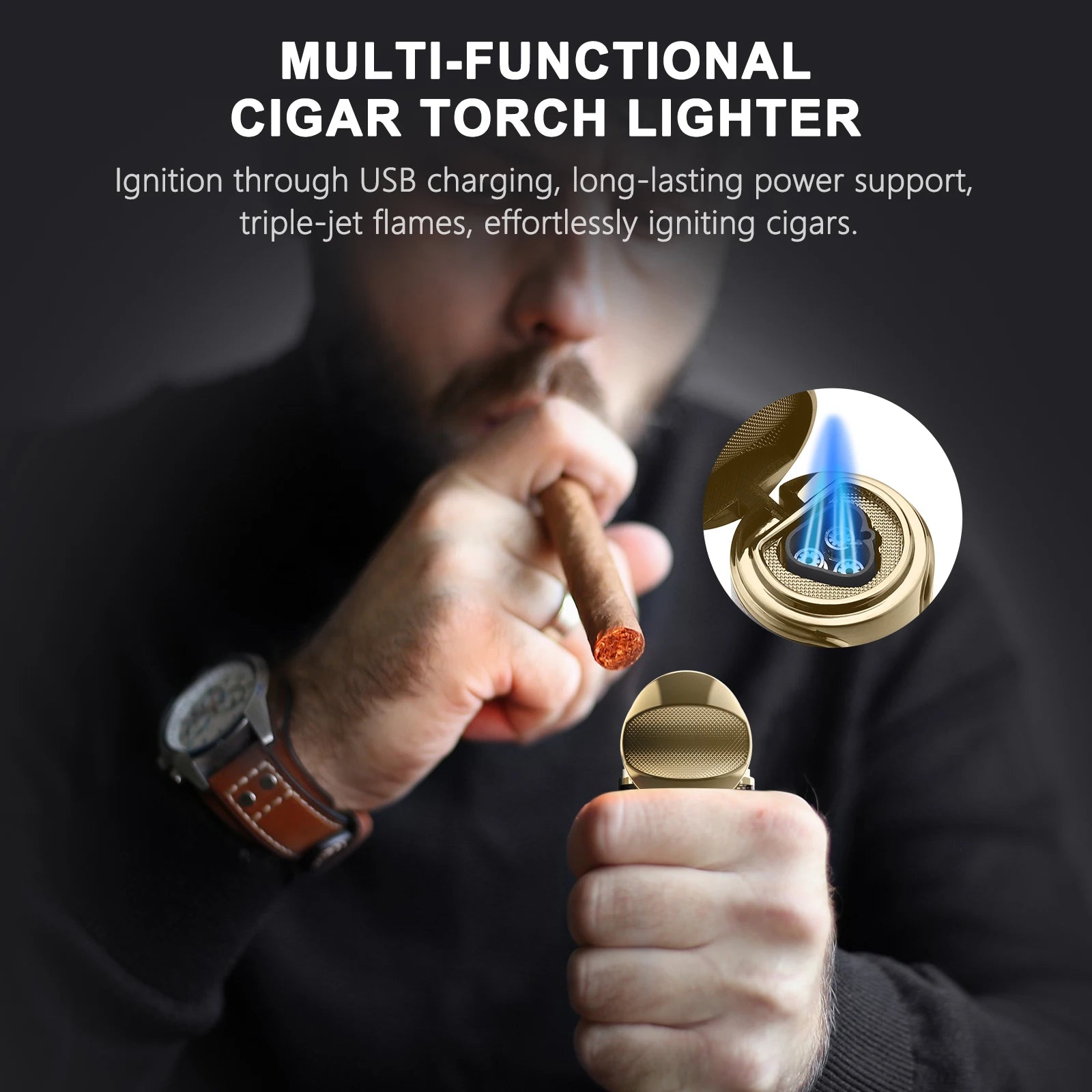 Cigar Lighter with Cigar Punch Holder,Windproof Electric Torch Lighter,Refillable Butane Lighters for Smoking with Gift Box
