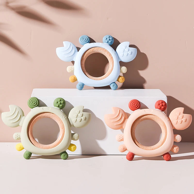 Crab Silicone Teether with Wooden Ring — BPA Free | Baby 0-6 Months