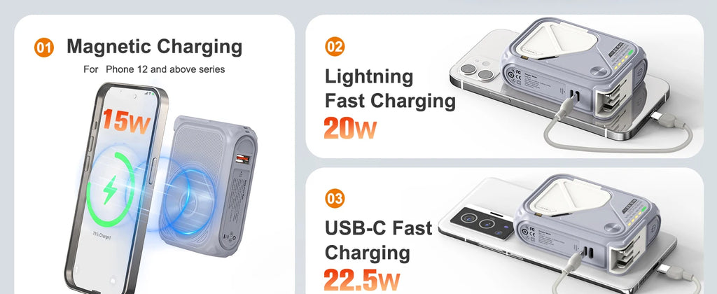 PD 22.5W Fast Charging 10000mAh Magnetic Wireless Power Bank USB Type-C Detachable Data Cable Phone Holder Emergency PowerBank