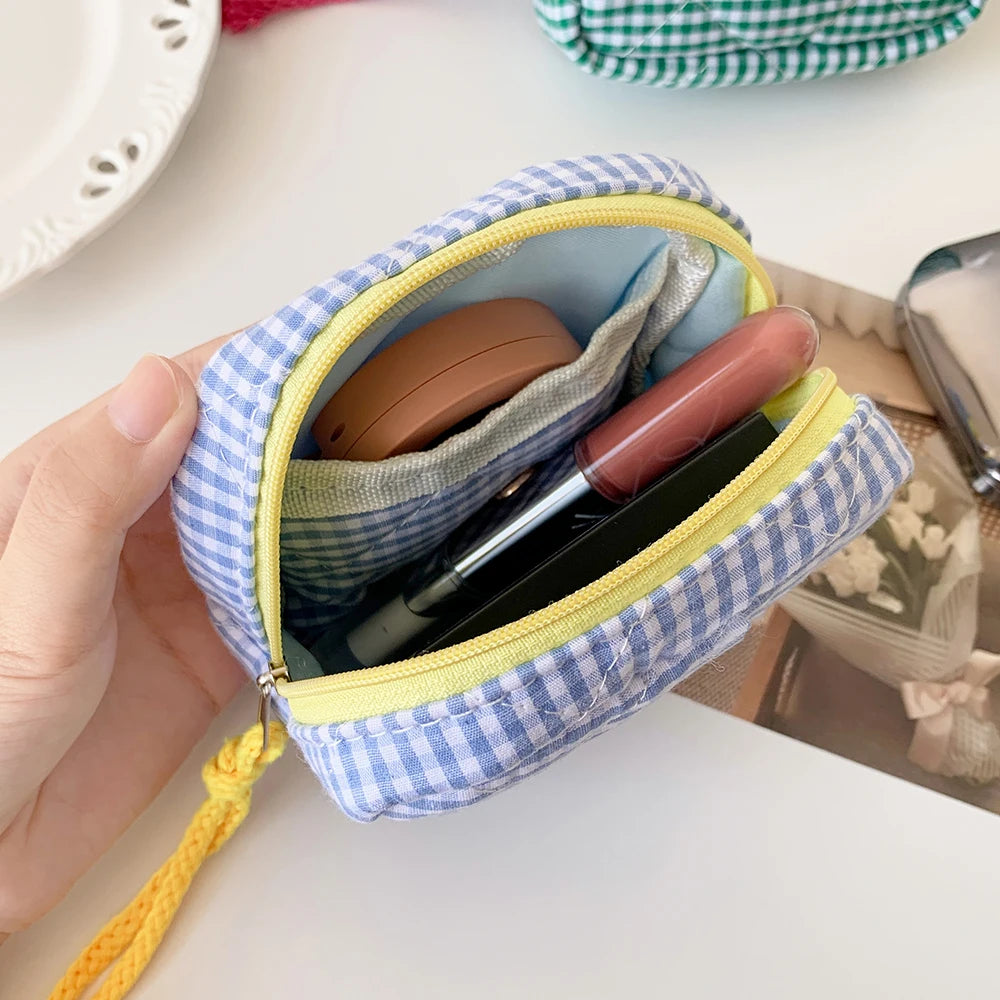 Ins Style Plaid Mini Coin Purse Portable Cosmetic Storage Bag Lady's Lipstick Bag and Card Holder Kawaii Tofu Pillow Bag