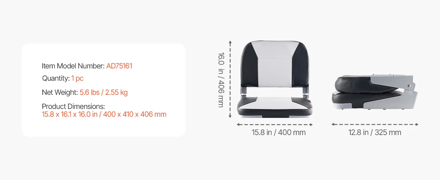 SucceBuy Boat Seat Low Backrest Folding Fishing Seat w/ Thickened Sponge Cushion&PU Polyester Fabric PP Frame Flip Up Boat Seat