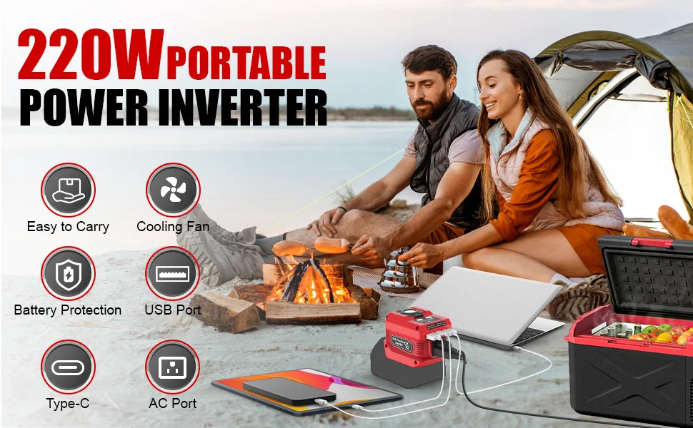 Kzreect Inversor 200W | Batería Milwaukee 18V | AC 110V | 4 Salidas | LED 300LM | Camping y Auto