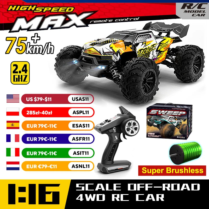 WLtoys 16101 Pro Carro RC 1:16 | 75KM/H | 4WD | Motor Brushless | LED | 2.4G | Drift Monster Truck | Regalo Niños