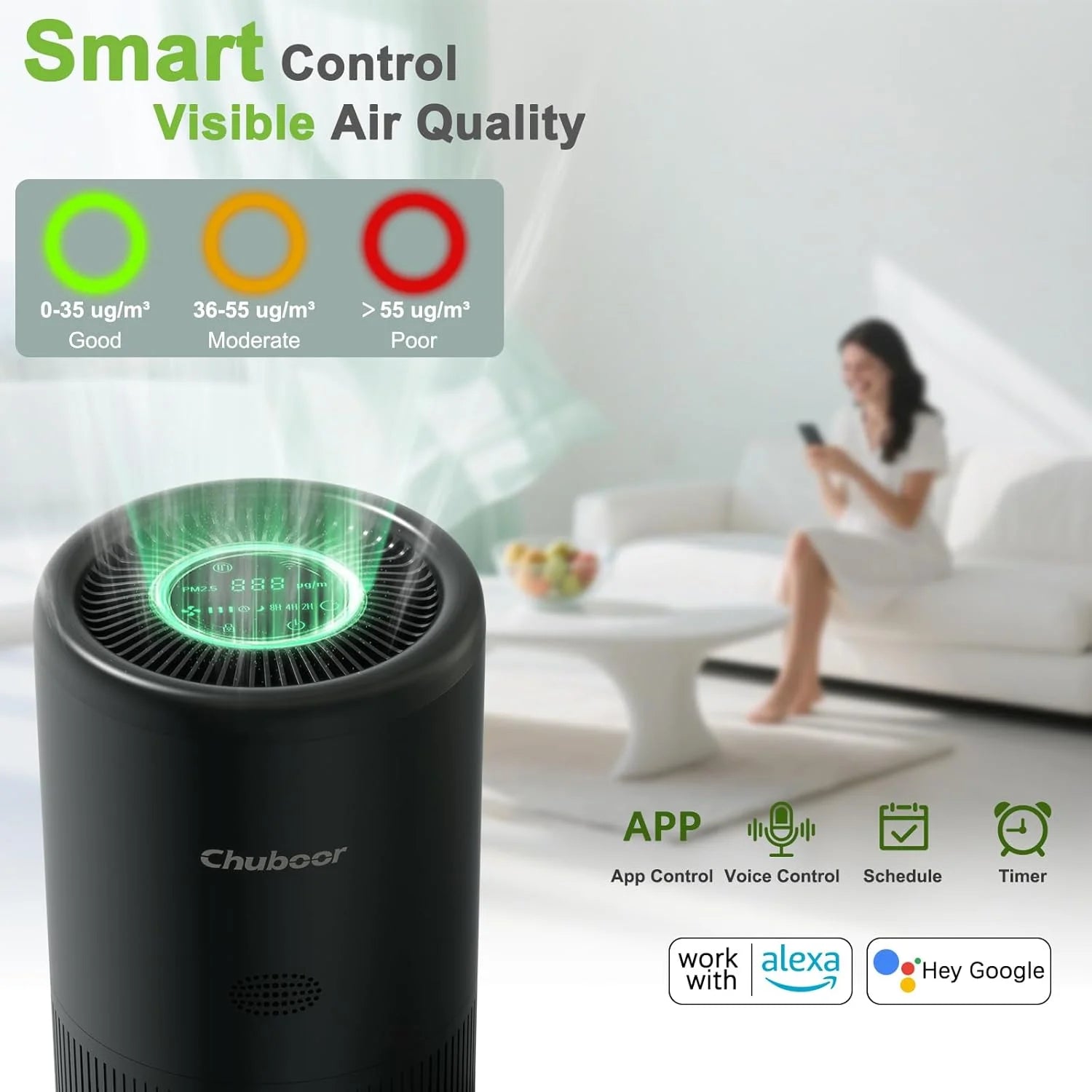 Purificador de Aire Inteligente Chuboor | App/Alexa | Monitor PM2.5 | Mascotas 🌬️