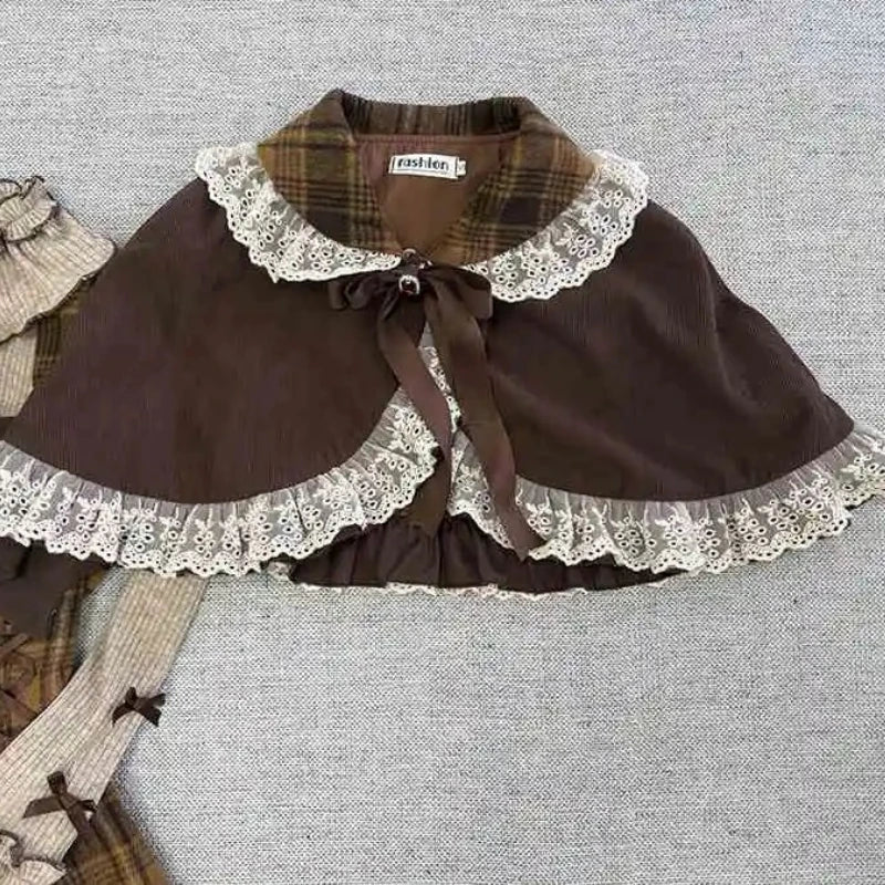 Japanese Cute Lolita Style 3 Piece Set Women Sweet Lace Bow Peter Pan Collar Cloak Top Plaid Mini Dress Korean Harajuku Y2k Suit