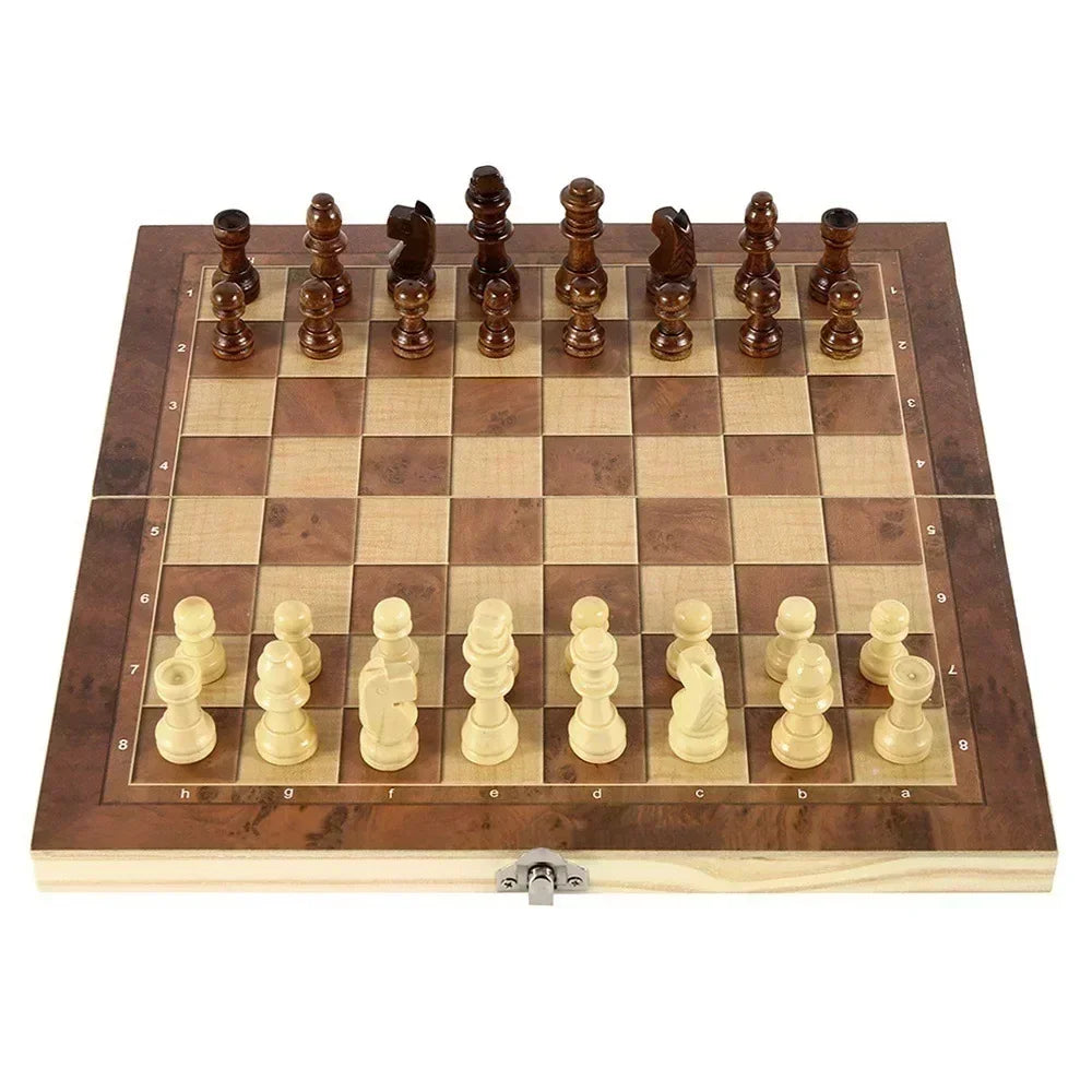 3in 1 Portable Travel Chess Checker Backgammon, Folding Storage Wooden Chess Set, International Checkers Board Game Kids Adults