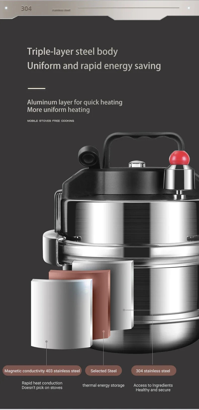 0.8-2L Outdoor Camping Small Pressure Cooker 304 Stainless Steel Portable Rice Cooker for Kitchen Cooking Tool Pressure Cooker