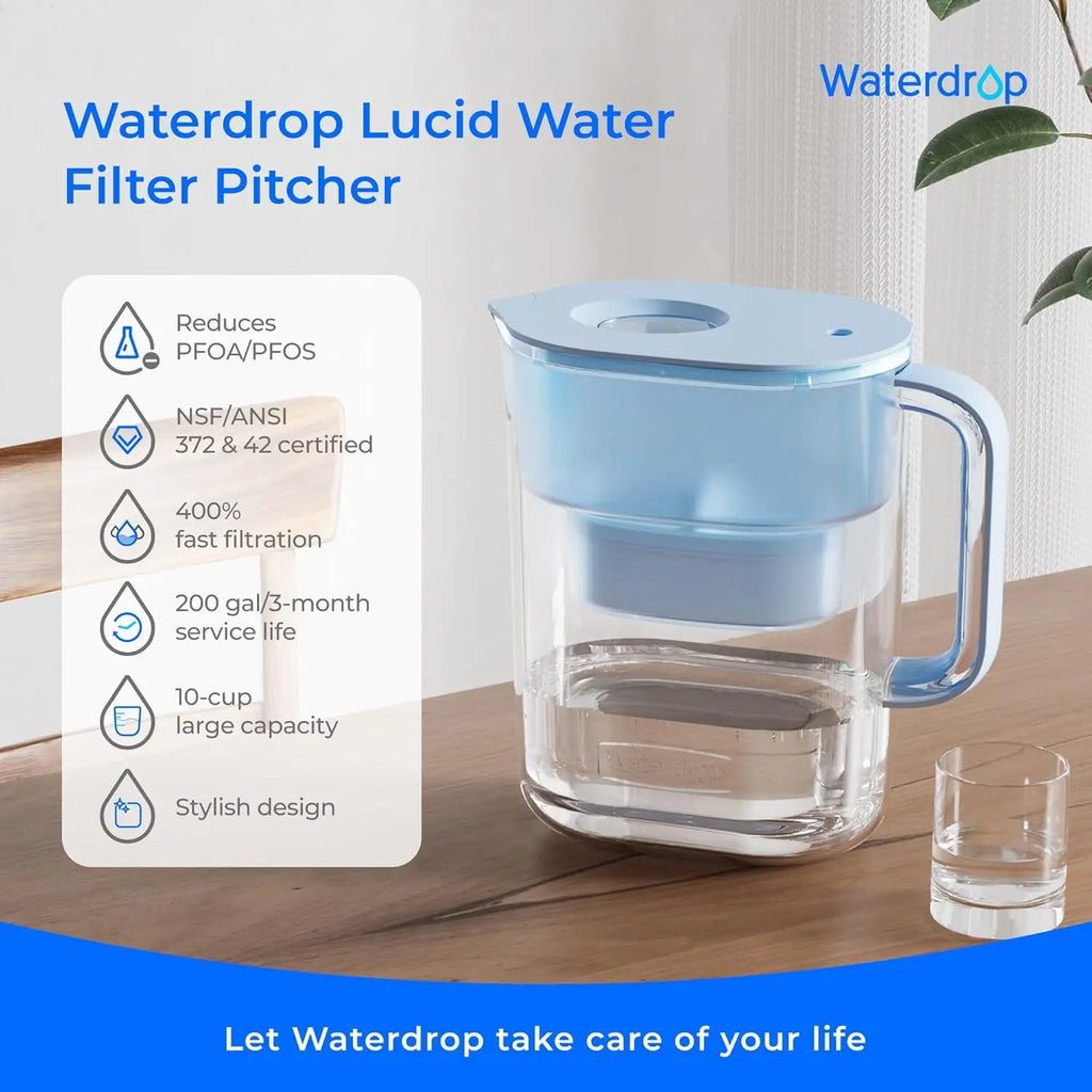 Waterdrop Water Filter Pitcher with 1 Filter, 200-Gallon Long-Life, 10-Cup Large Water Filter Pitcher, NSF Certified, 5X Times L