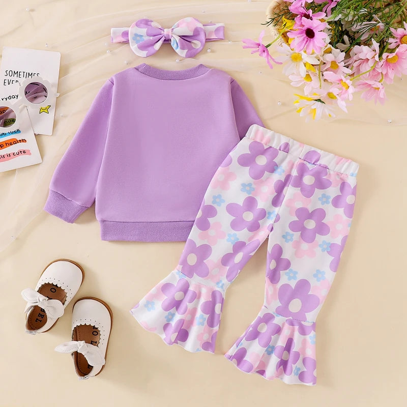 Cute Toddler Girl Autumn Ensemble Bear Embroidered Sweatshirt Floral Flare Pants Headband - 3 Piece Set for Fall