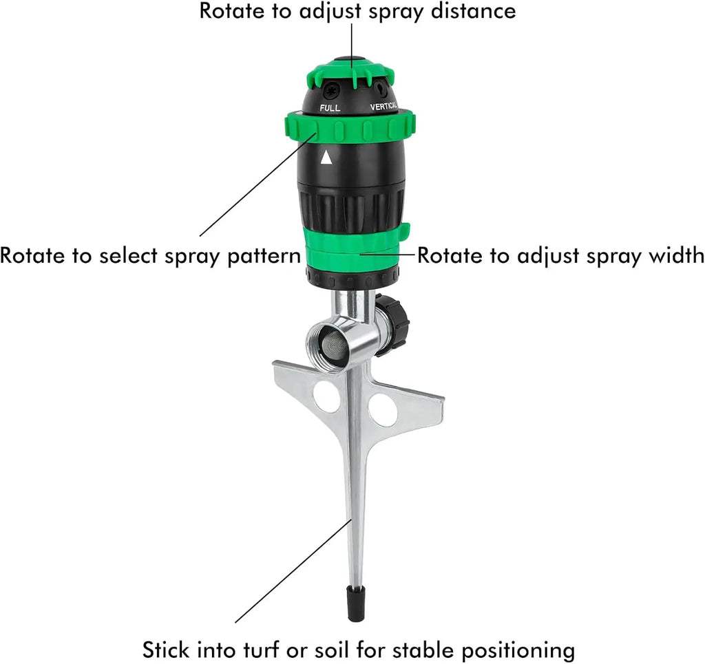 Gear Drive Sprinkler with Metal Spike Base, 5-Pattern Heavy Duty Gardening Watering System, Multi-Adjustable Law
