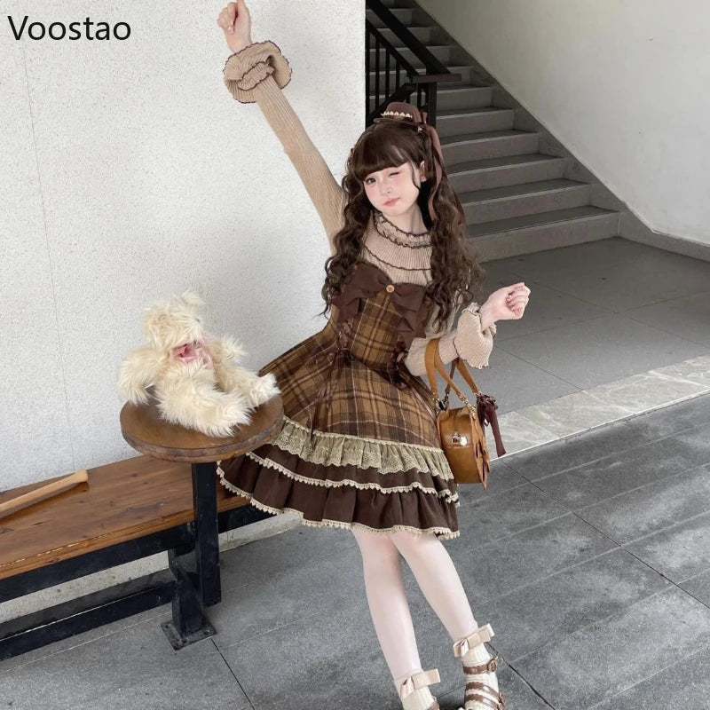 Japanese Cute Lolita Style 3 Piece Set Women Sweet Lace Bow Peter Pan Collar Cloak Top Plaid Mini Dress Korean Harajuku Y2k Suit