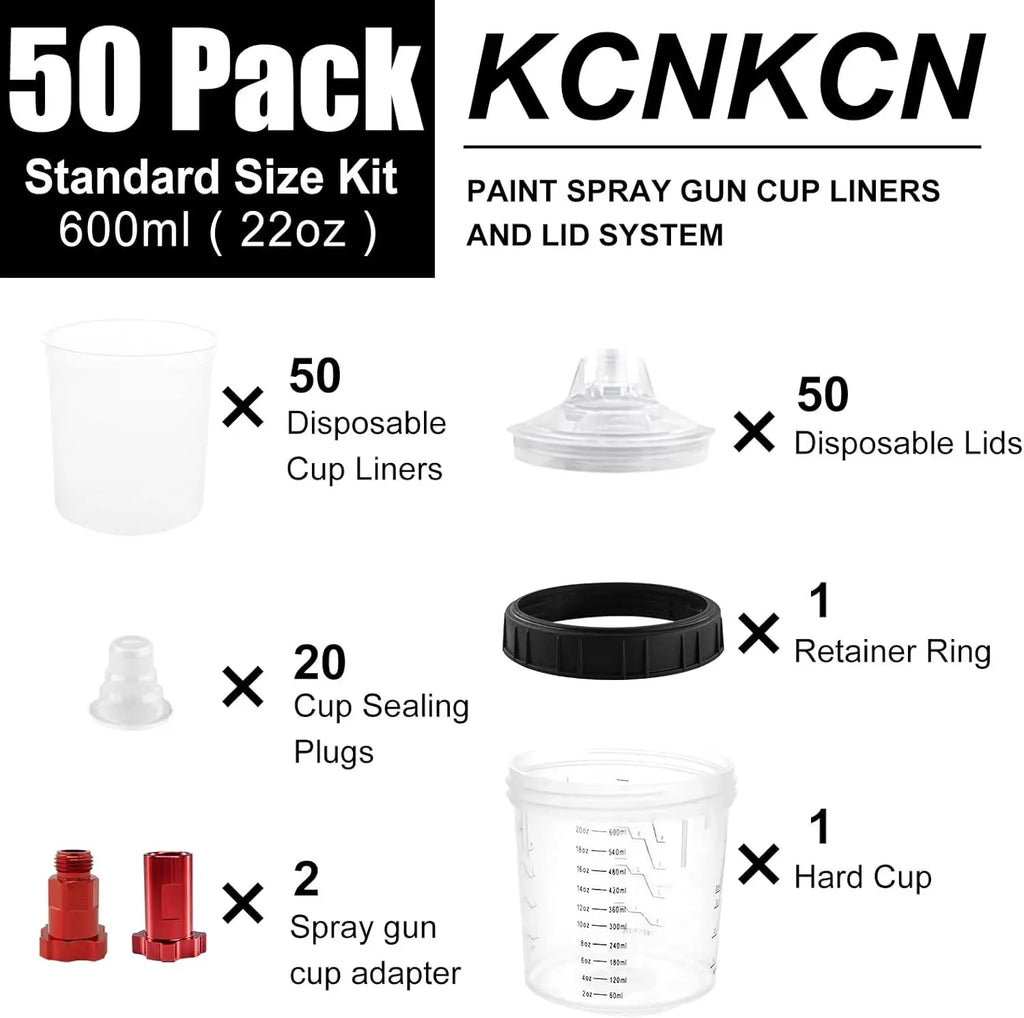 Disposable Paint Spray Gun Cup Liners & Lid Kit, 50 Standard 20oz (600ml) with Strainer and Adapters