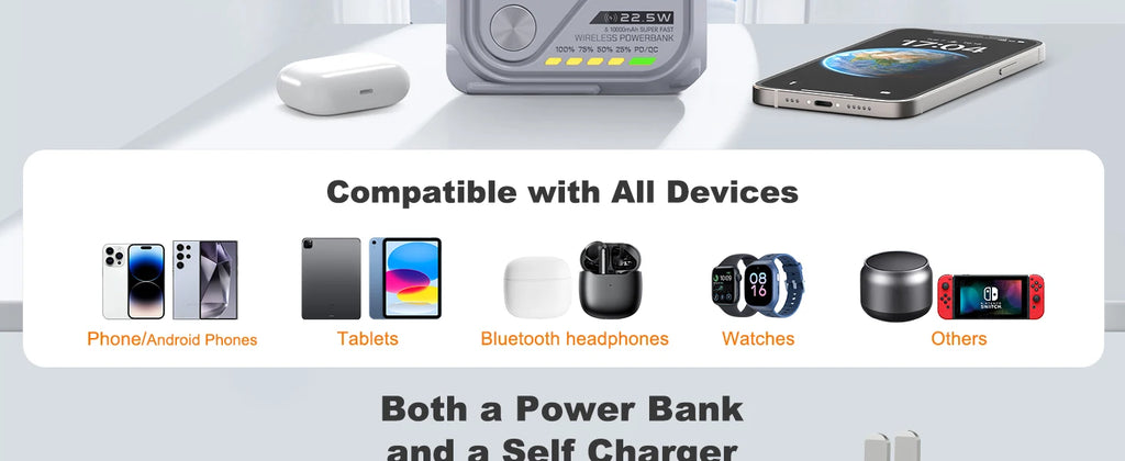 PD 22.5W Fast Charging 10000mAh Magnetic Wireless Power Bank USB Type-C Detachable Data Cable Phone Holder Emergency PowerBank