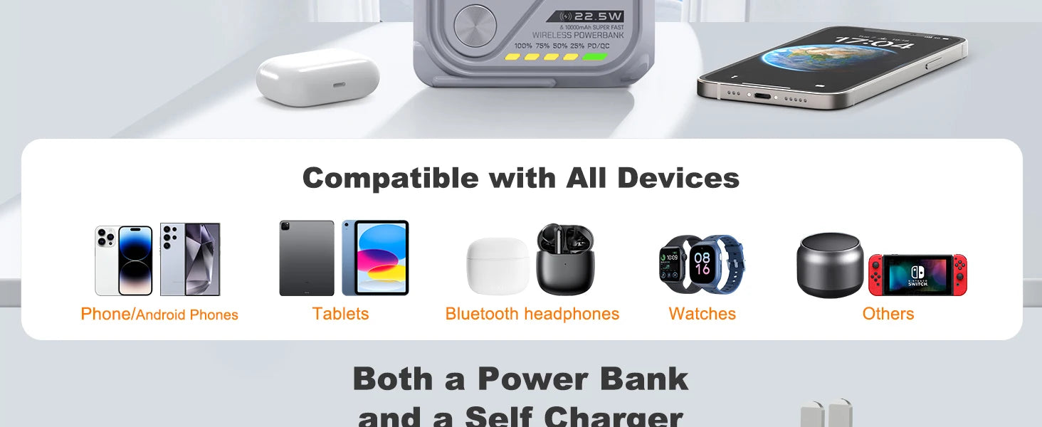PD 22.5W Fast Charging 10000mAh Magnetic Wireless Power Bank USB Type-C Detachable Data Cable Phone Holder Emergency PowerBank