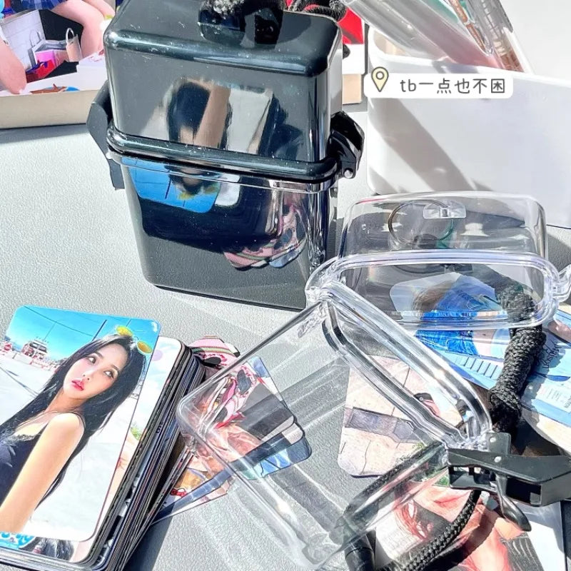 3 Inch Transparent Storage Box Photocard Holder With Rope Waterproof Card Case Outdoor Square Dustproof Box Photo Storage Box