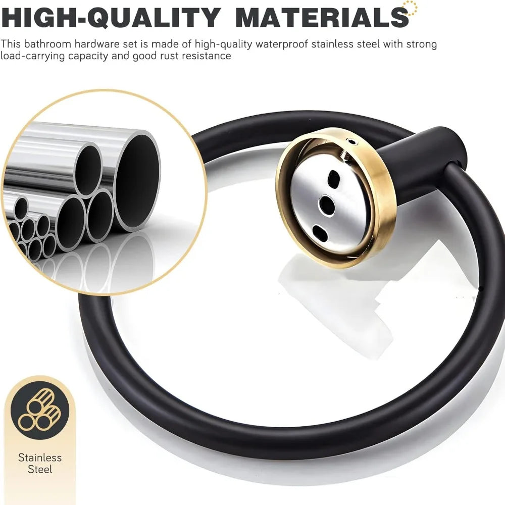 Luxury Black & Gold Wall-Mounted Stainless Steel 3-Piece Towel Bar Set - Modern Bathroom Hardware Accessories Towel Rack