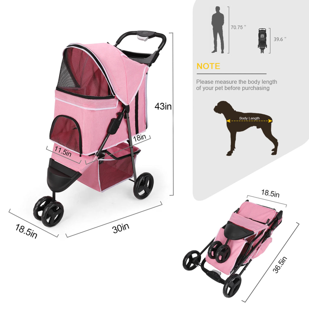 carreola para mascotas perro 3 Wheel Foldable Cat Dog Stroller with Storage Basket, Handle 360° Pet Dog Stroller - Firu Total Sales