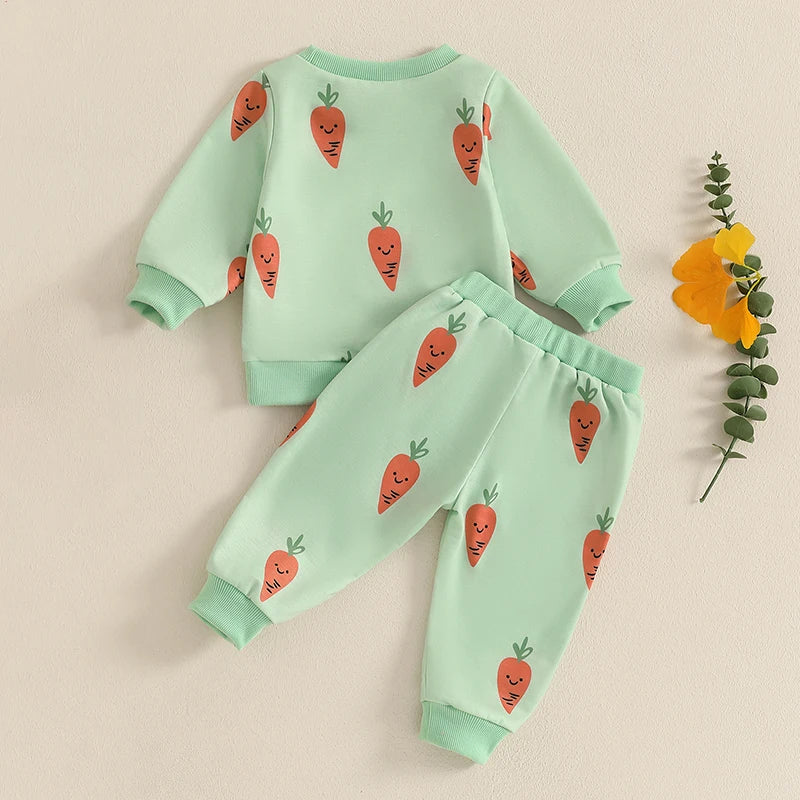 Cute Bunny Print Hooded Sweatshirt with Cozy Jogger Pants 2-Piece Outfit for Toddler Girls and Boys