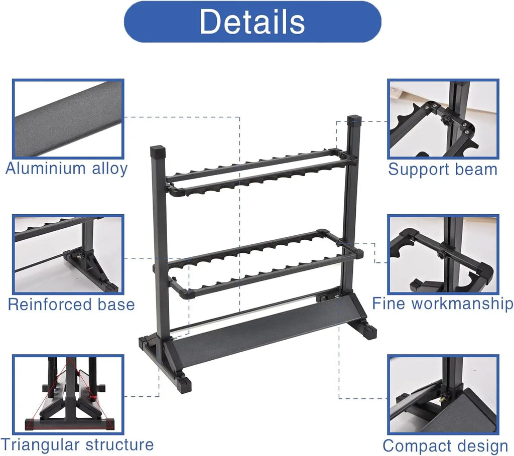 Portable Aluminum Fishing Rod Holder Rack, Holds Up to 24 Rods, Modern Matte Black Design