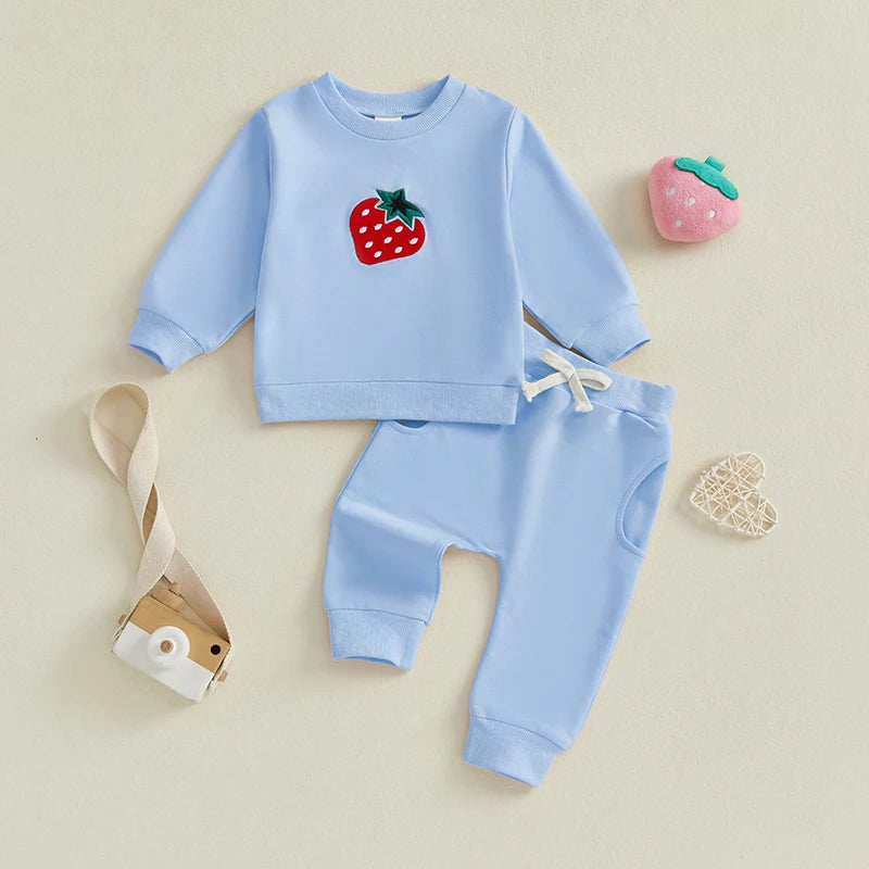 Cute Toddler Girl Autumn Ensemble Adorable Strawberry Embroidered Crew Neck Sweatshirt with Matching Long Pants 2-Piece Set - Firu Total Sales