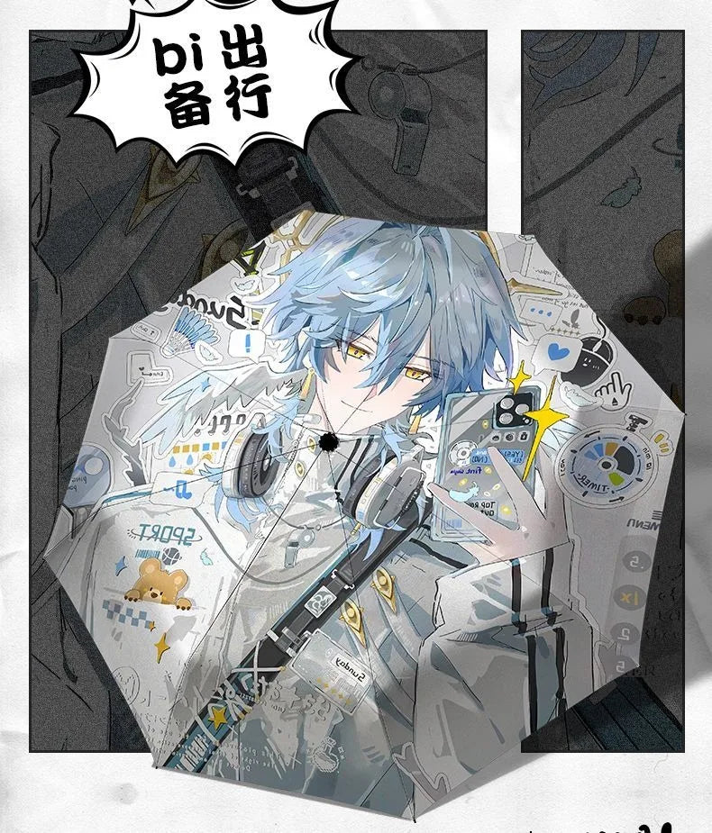 White Blue Honkai: Star Rail Anime popular Cosplay,Windproof Anti-UV,Automatic Rain Compact Umbrella for Woman Girl kids child
