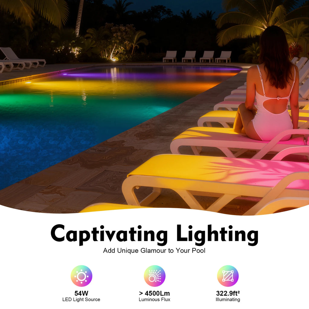 Remote Control 320ft² Underwater Swimming Pool Spa Light LED RGB 7 Colors & 12 Modes, 54W, 12V, 6ft Wire, IP68 Sealing Ring