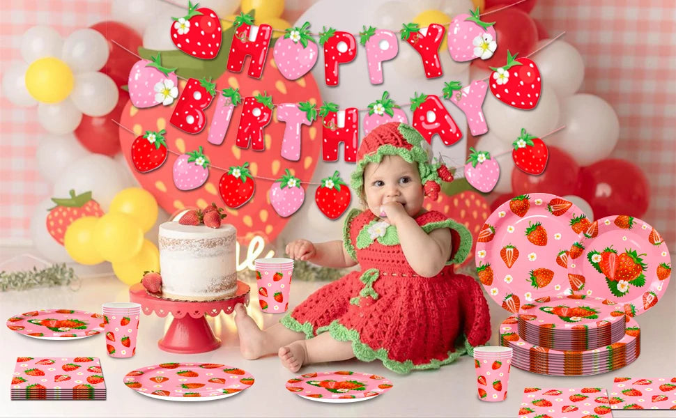 75Pcs Strawberry Birthday Party Plates Napkins Forks Supplies Summer Fruit Tableware Set Strawberry Theme Decoration for Girls