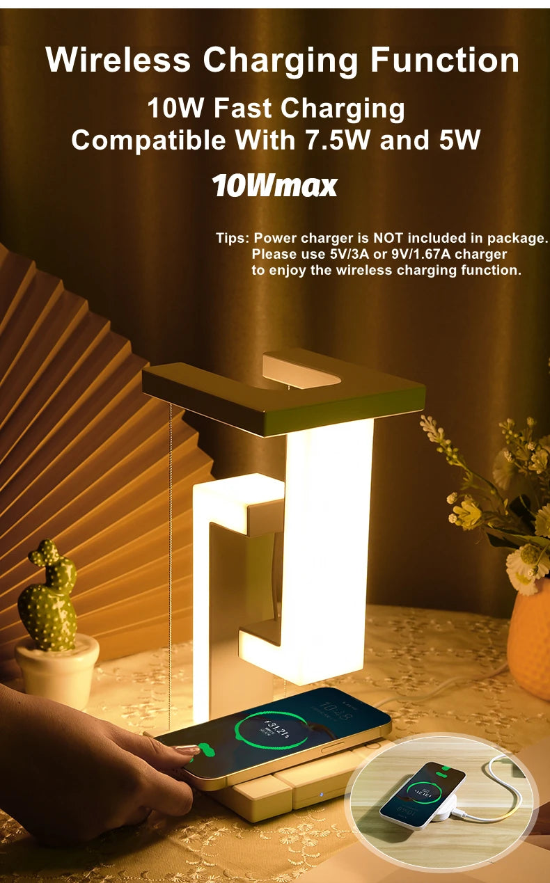 Floating Desk Lamp with Wireless Charger | USB Output | iPhone Charging Dock | Bedside Table Lamp