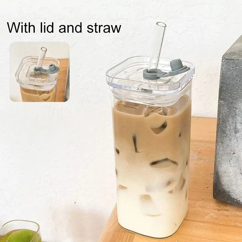 Vaso de Vidrio Cuadrado con Tapa y Pitillo | Resistente al Calor | Café y Té ☕ - Firu Total Sales