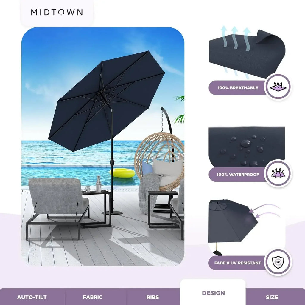 Sunbrella Umbrella 9 Feet Outdoor Umbrella With Canvas Navy Acrylic Fabric - Auto-Tilt Aluminum Frame Patio Umbrella For Backyar