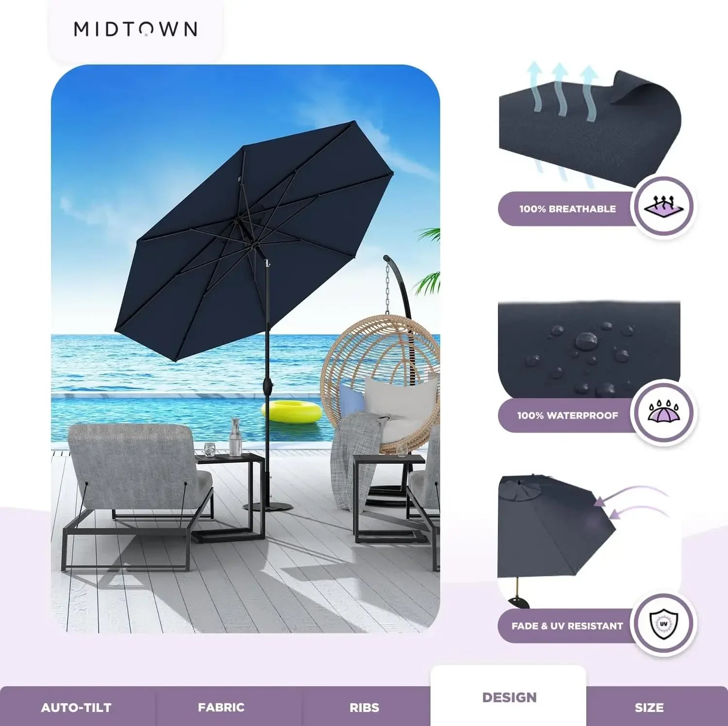 Sunbrella Umbrella 9 Feet Outdoor Umbrella With Canvas Navy Acrylic Fabric - Auto-Tilt Aluminum Frame Patio Umbrella For Backyar