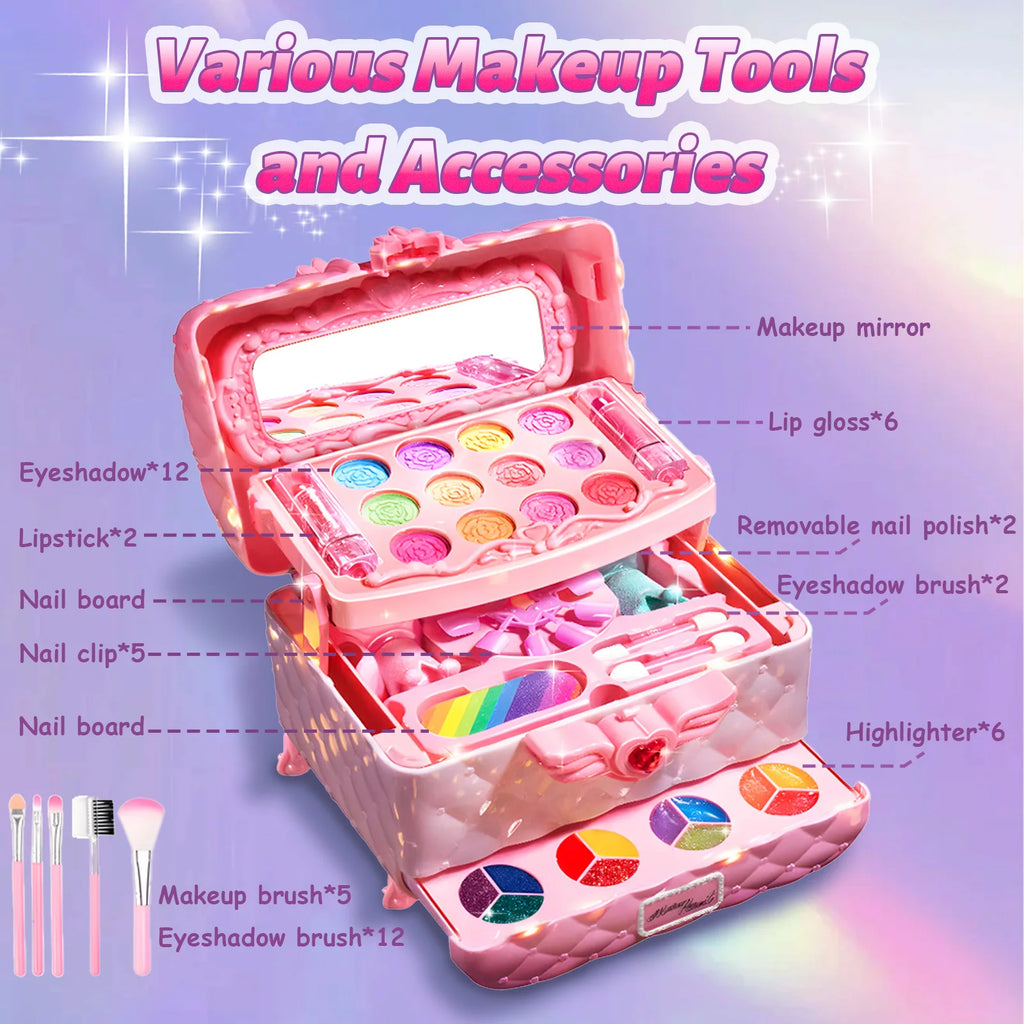 Kids Multi-Layer Foldable Makeup Set - Pretend Play Cosmetic Kit for Girls, Educational and Learning Toy with Storage Box - Firu Total Sales