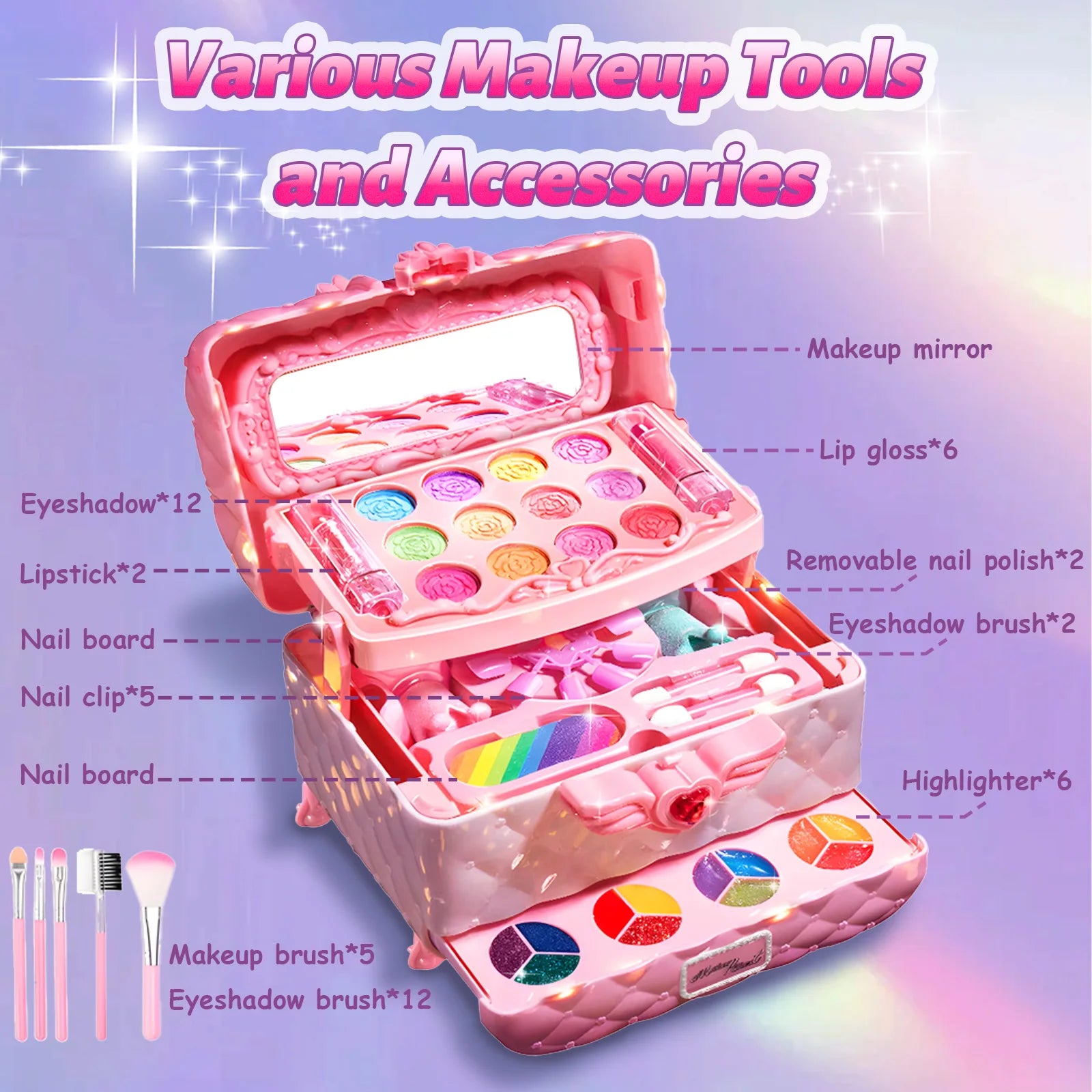 Kids Multi-Layer Foldable Makeup Set - Pretend Play Cosmetic Kit for Girls, Educational and Learning Toy with Storage Box - Firu Total Sales
