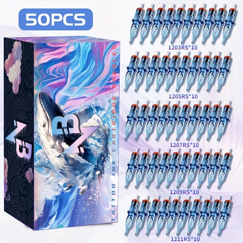 50 Pcs/Set Blue Whale Tattoo Cartridge Needle, 1203Rs/1205Rs/1207Rs/1209Rs/1211Rs, Disposable Mixed Size Tattoo Needle Standard Round Liner, Tattoo Supplies for Tattoo Artists and Beginners