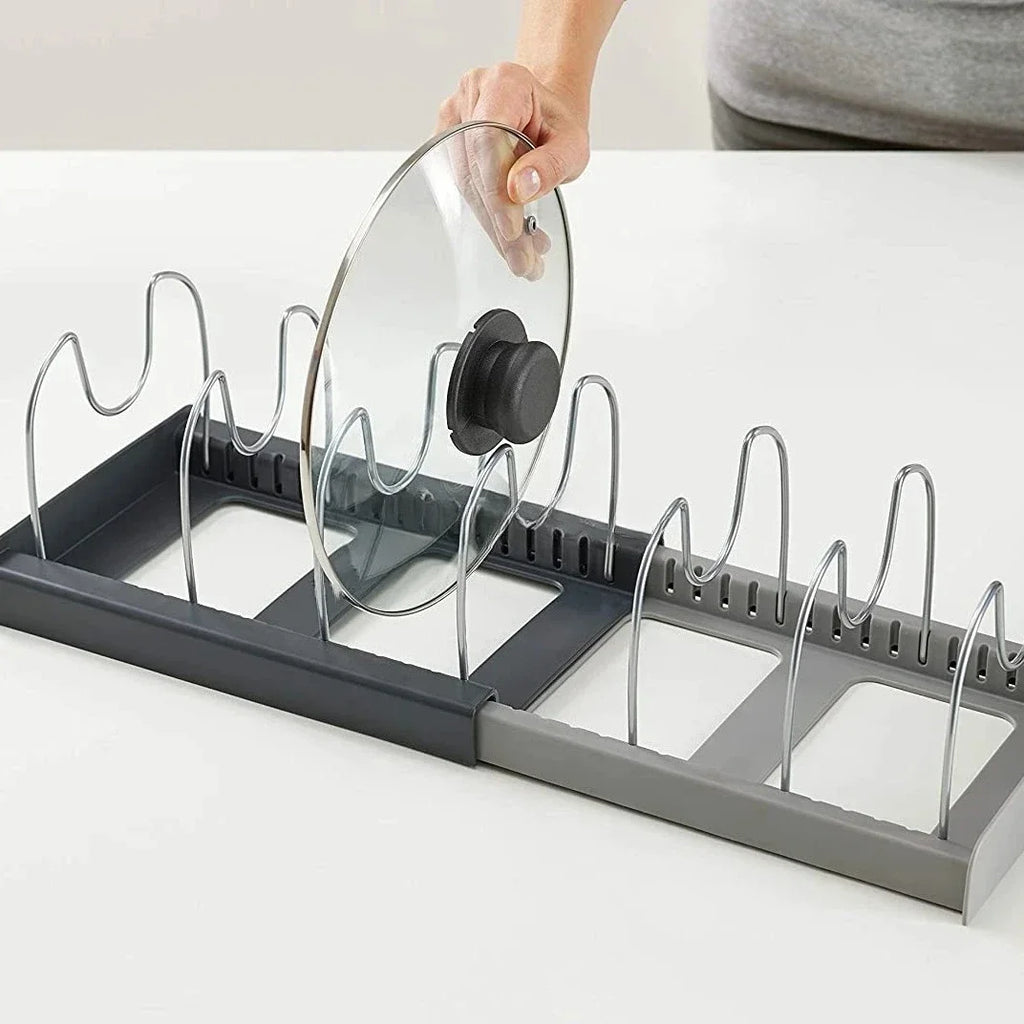1Pc 7-grid Telescopic Pot Rack,Pans Organizer,Space-saving Cabinet Holder for Pots,Pans and Lids-Keep Your Kitchen Neat and Tidy