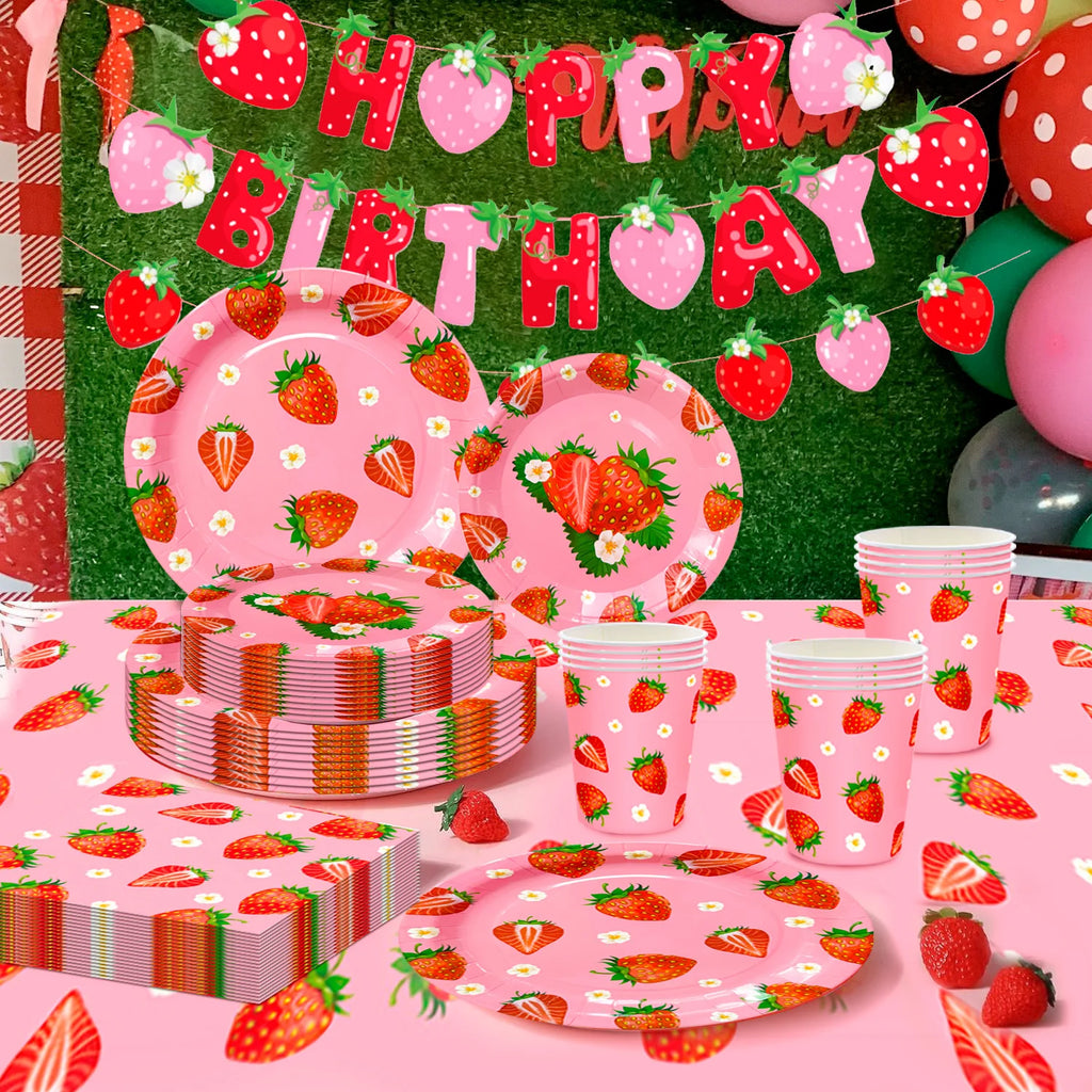 75Pcs Strawberry Birthday Party Plates Napkins Forks Supplies Summer Fruit Tableware Set Strawberry Theme Decoration for Girls