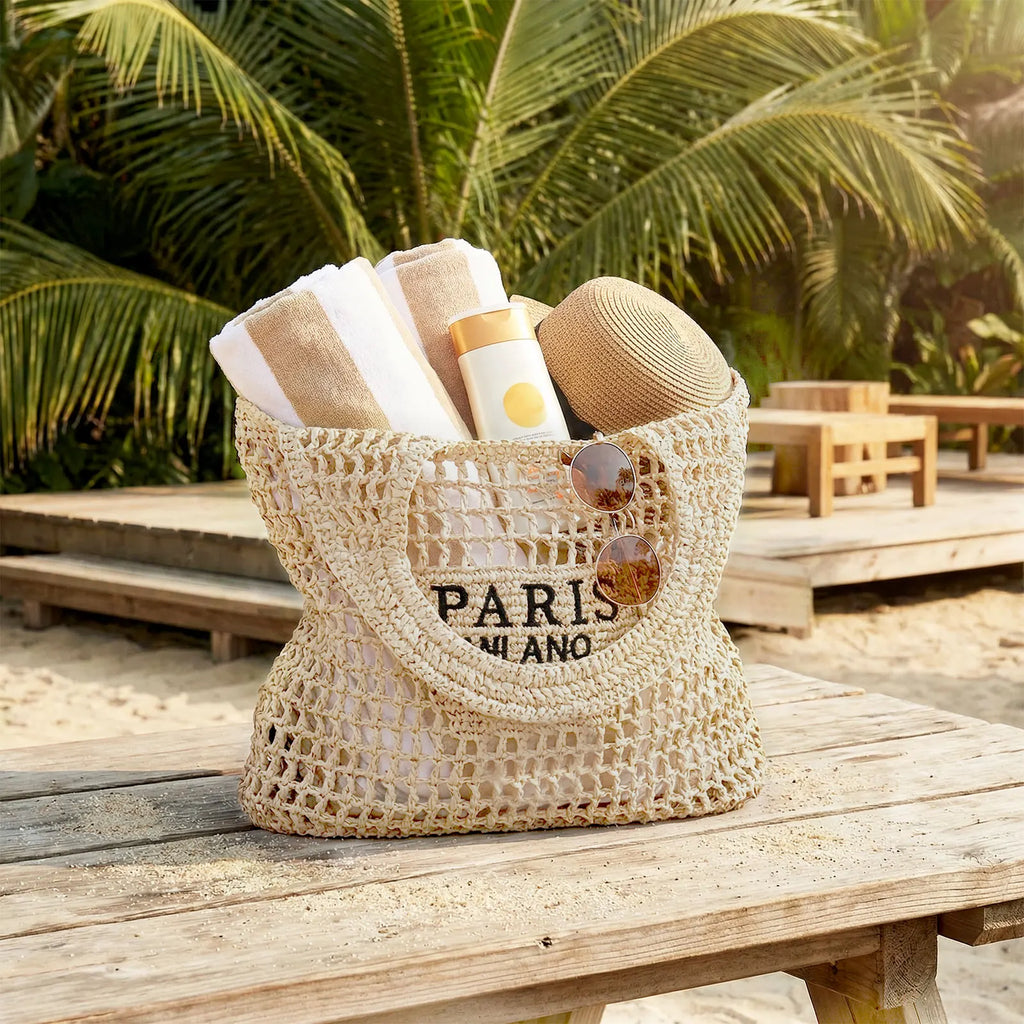 Bolsa de Playa Tejida a Mano para Mujer - Tote Bag de Paja Verano