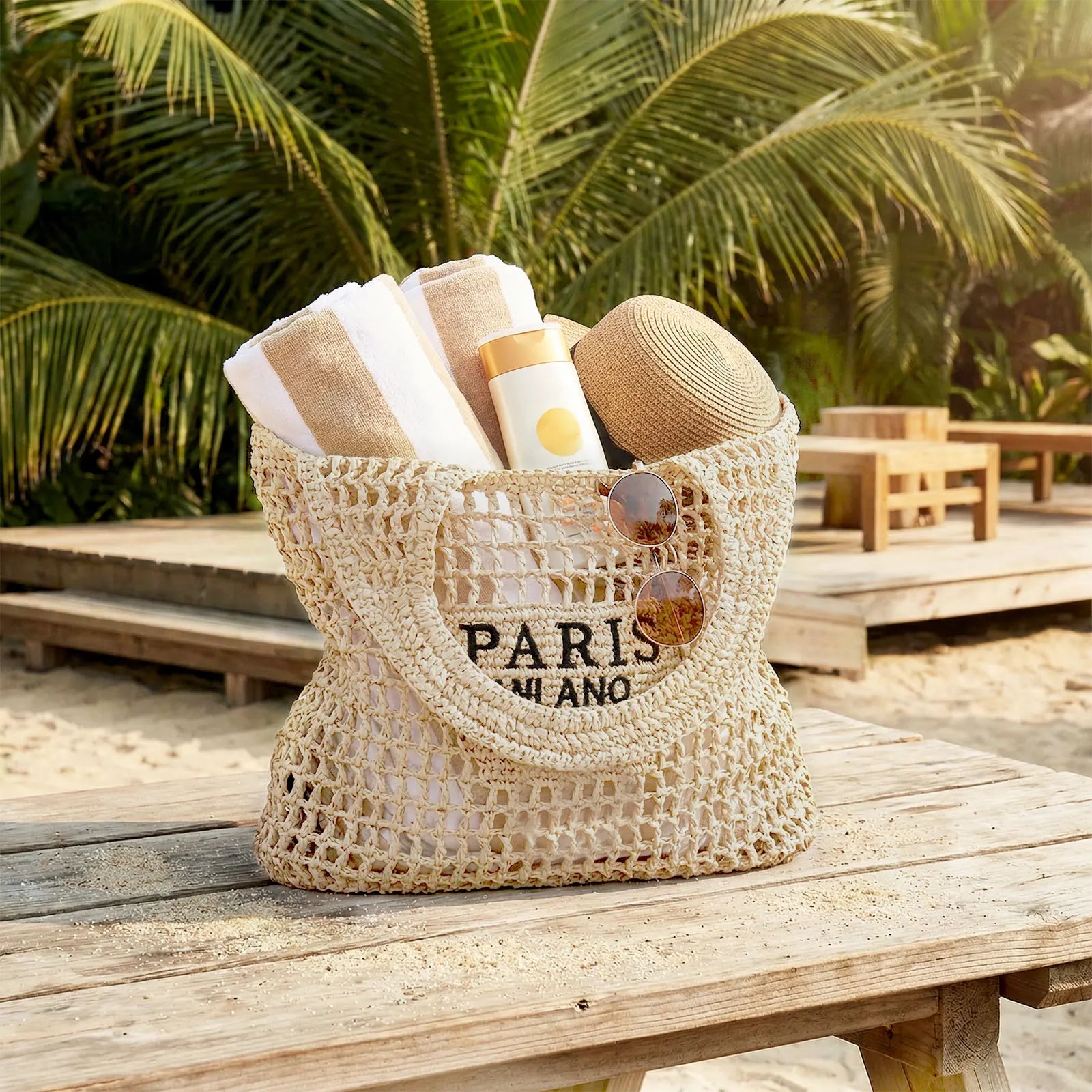 Bolsa de Playa Tejida a Mano para Mujer - Tote Bag de Paja Verano