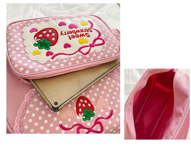 Pink Girl Embroidery Strawberry Children's Schoolbag Student Birthday Gift 2026 New Japanese Cartoon Pink Backpack Book Bags