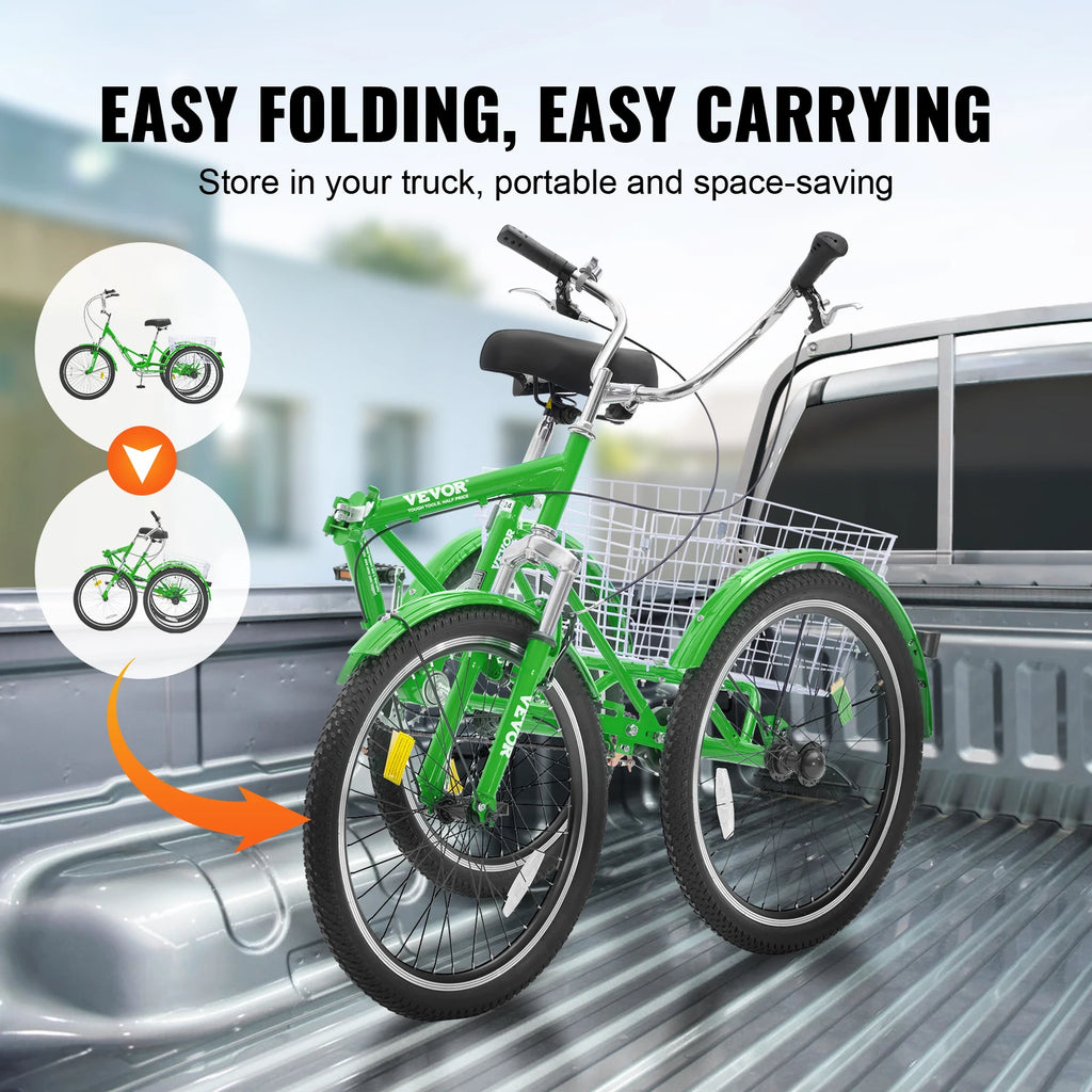 SucceBuy 20/24/26-Inch Folding Adult Tricycle Carbon Steel 3 Wheel Cruiser Shopping Picnic Foldable For Women Men  Seniors