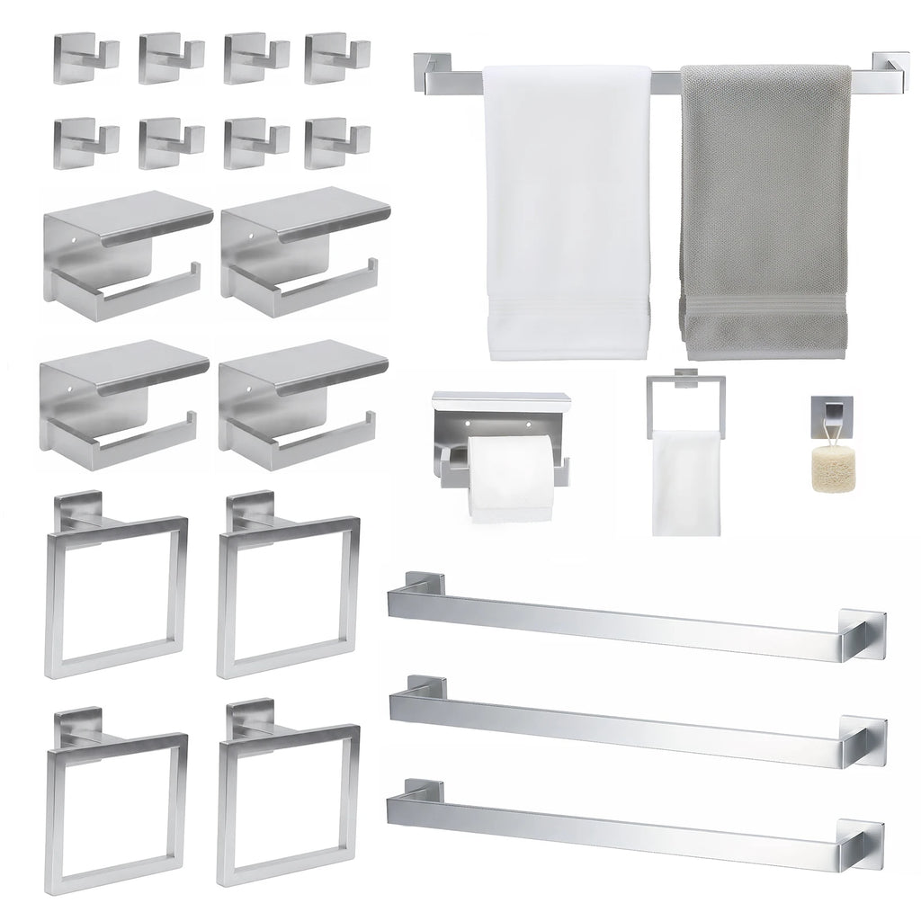 20-Pieces Stainless Steel Bathroom Hardware Set Wall Mounted Bath Towel Bar Set Towel Rack/Toilet Paper Holder/Towel Ring/Hook