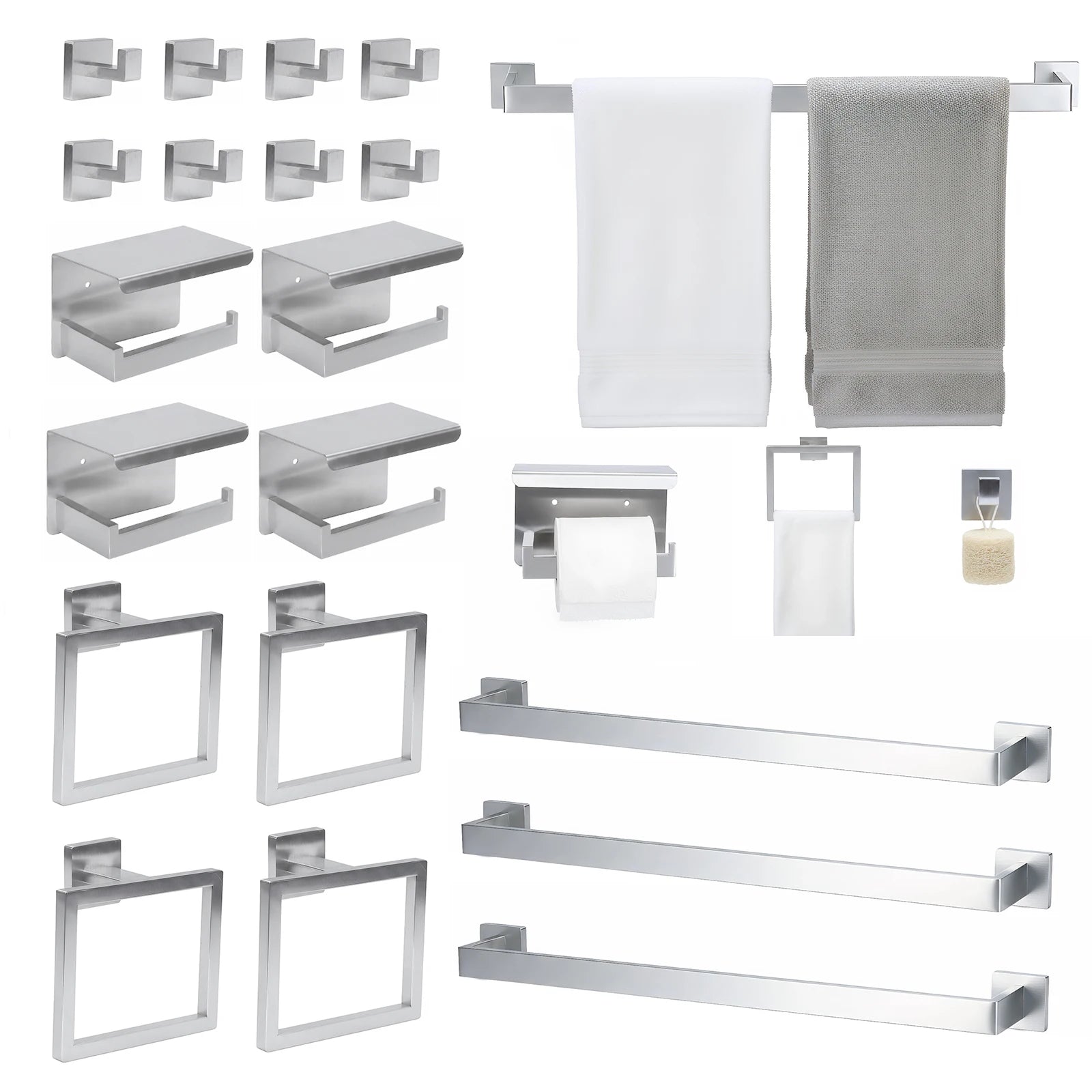 20-Pieces Stainless Steel Bathroom Hardware Set Wall Mounted Bath Towel Bar Set Towel Rack/Toilet Paper Holder/Towel Ring/Hook