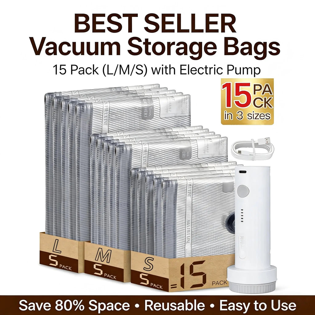 Vacuum Compression Bags for Travel | Rechargeable Pump | Carry-On Size | Space Saver