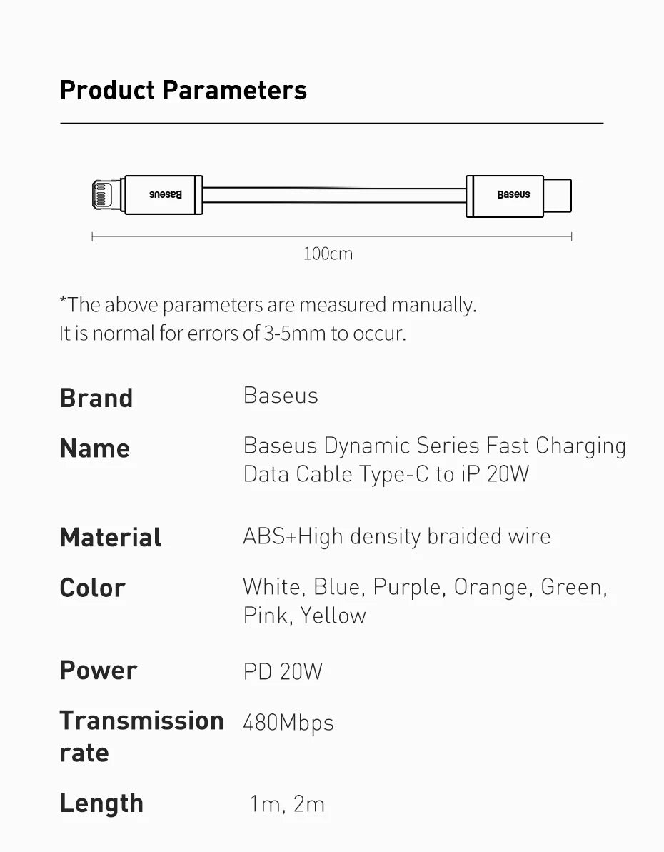 Baseus Cable USB-C 20W PD 3A | Trenzado | 0.5m/1m/2m | iPhone 14/13/12/11 Pro Max, iPad y MacBook