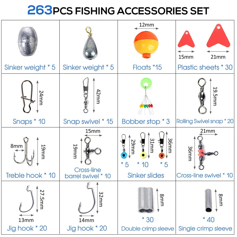 Kit Pesca Completo 263 Piezas | Caja Incluida | Alicates, Anzuelos Jig, Plomos, Giratorios y Snaps - Firu Total Sales