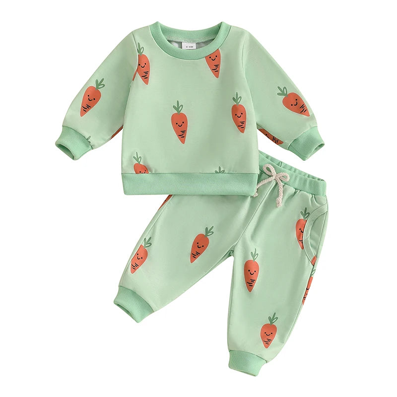 Cute Bunny Print Hooded Sweatshirt with Cozy Jogger Pants 2-Piece Outfit for Toddler Girls and Boys